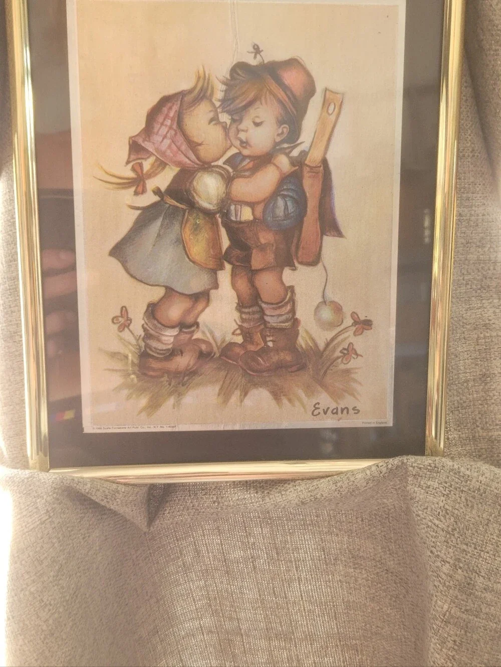 Hummel Lithograph PrintEvans Framed FIRST KISS in Gold and Black